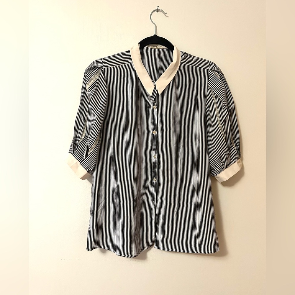 Darling Vintage Puff Sleeve Striped Blouse with Lace Ribbon